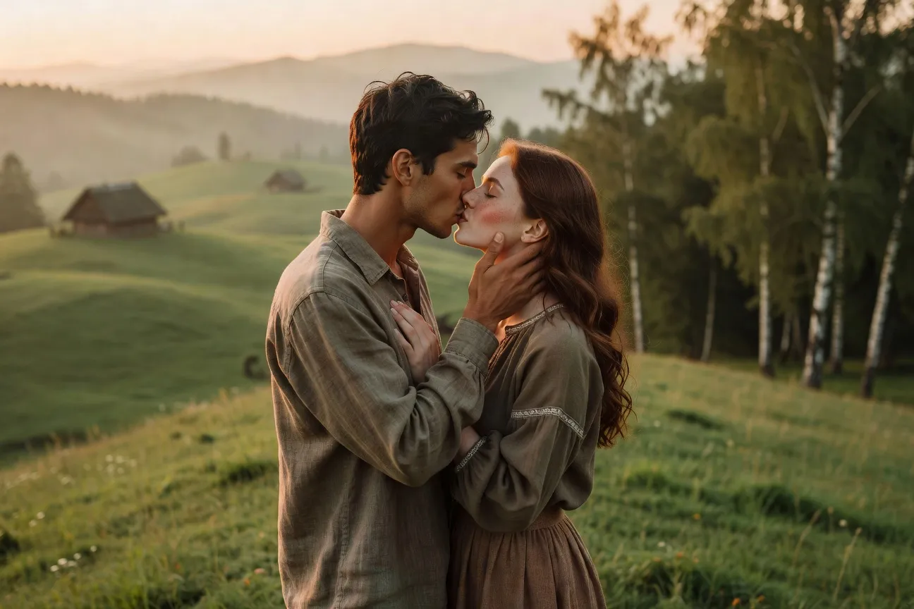 Premier baiser romantique avec une femme slave — ambiance tamisée et moment complice