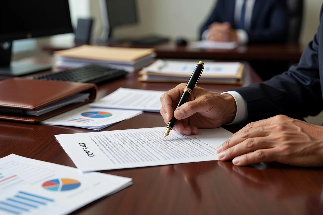 Conseiller expliquant une grille de critères de sélection d'agence matrimoniale à un client