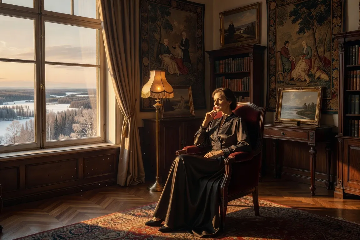 Femme russe pensive, intérieur élégant, portrait 3:2 landscape