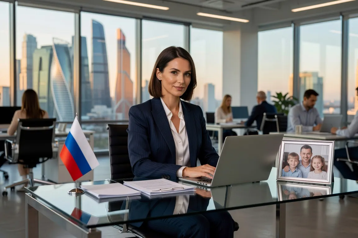 Femme russe moderne au bureau, professionnelle, ambition, paysage 3:2