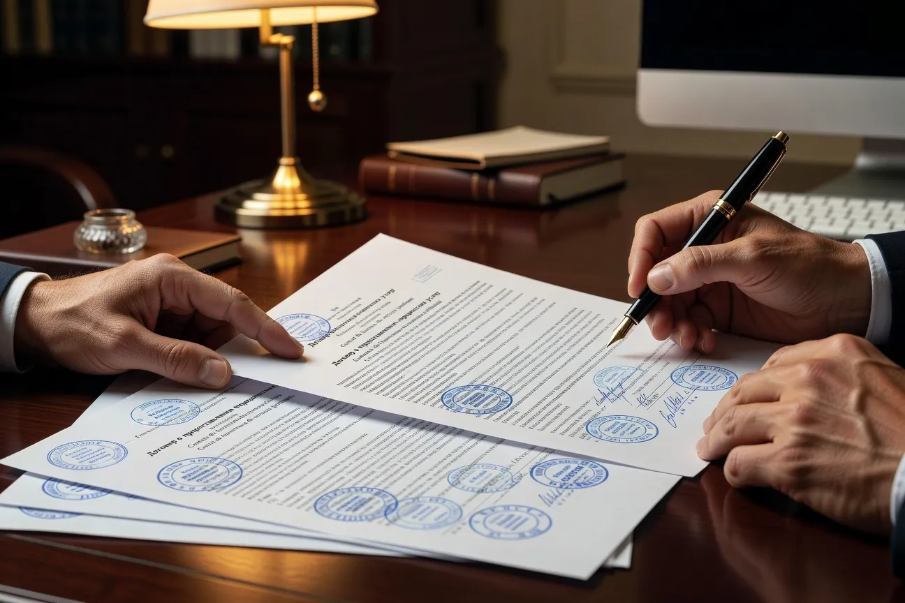 Documents officiels russes avec apostille et traduction assermentée français-russe sur le bureau d'une avocate