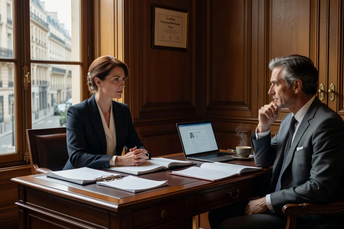 Matchmaker en réunion avec un client, bureau professionnel, 3:2 landscape