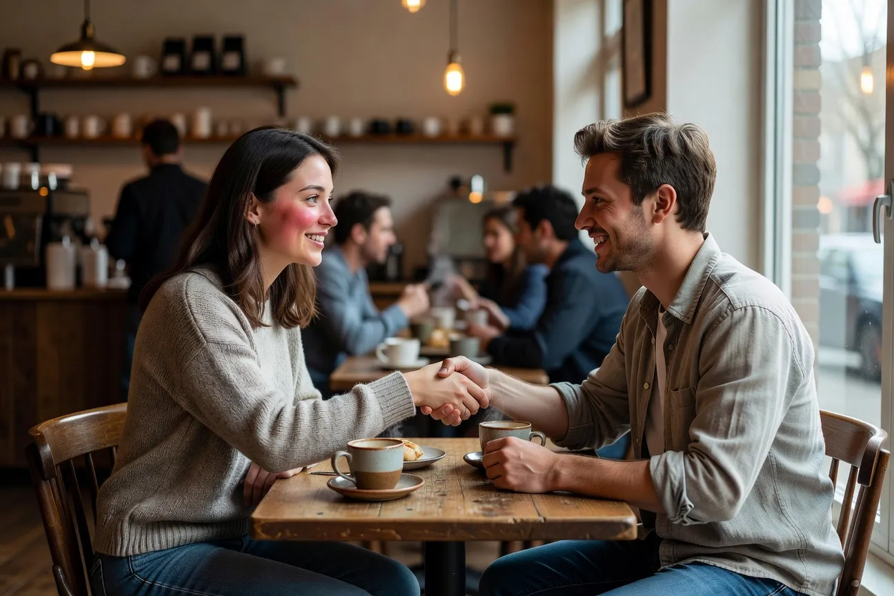 Couple souriant échangeant par appel vidéo, homme français et femme russe