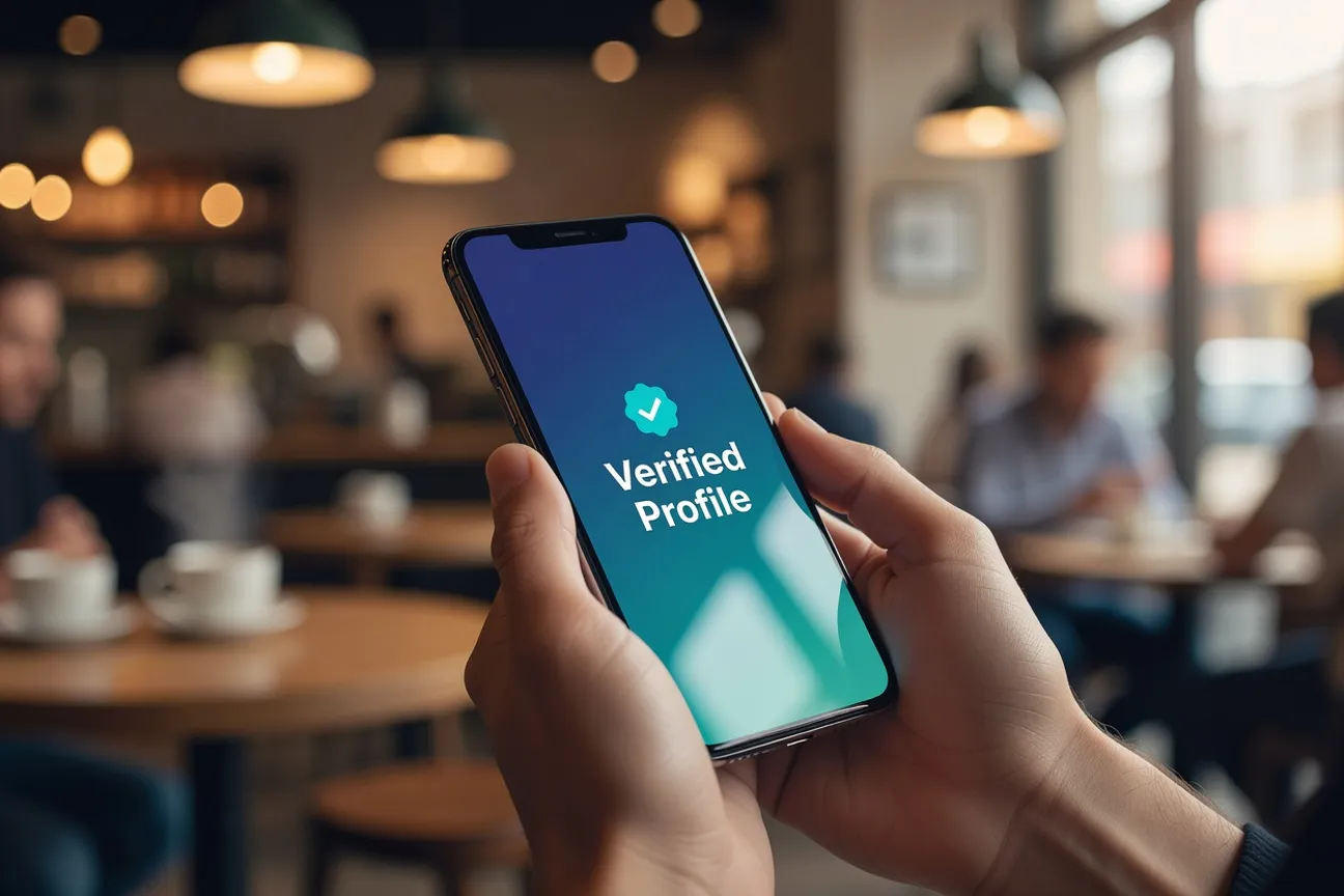 Femme russe vérifiant un profil de rencontre sur smartphone dans un appartement moderne