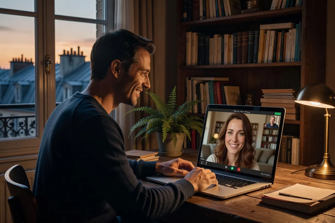 Couple souriant lors d'un appel vidéo international, homme français et femme russe