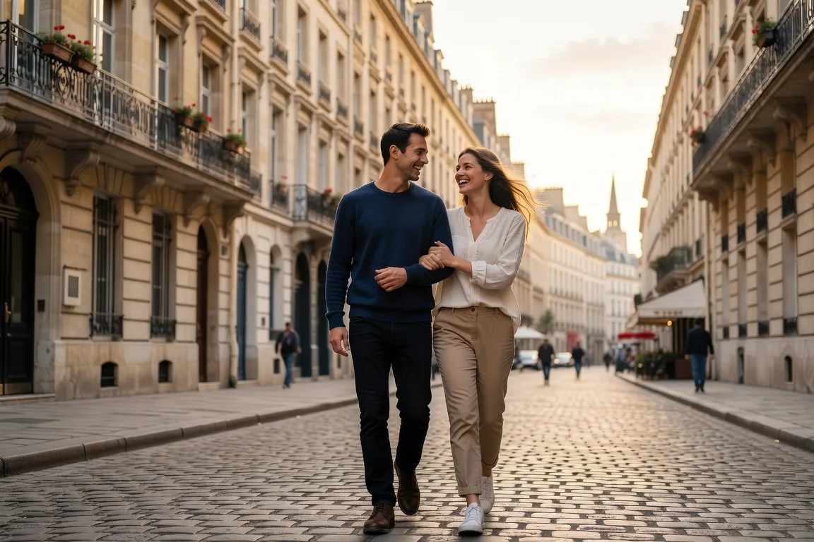 Couple franco-russe heureux, ville française, portrait 3:2