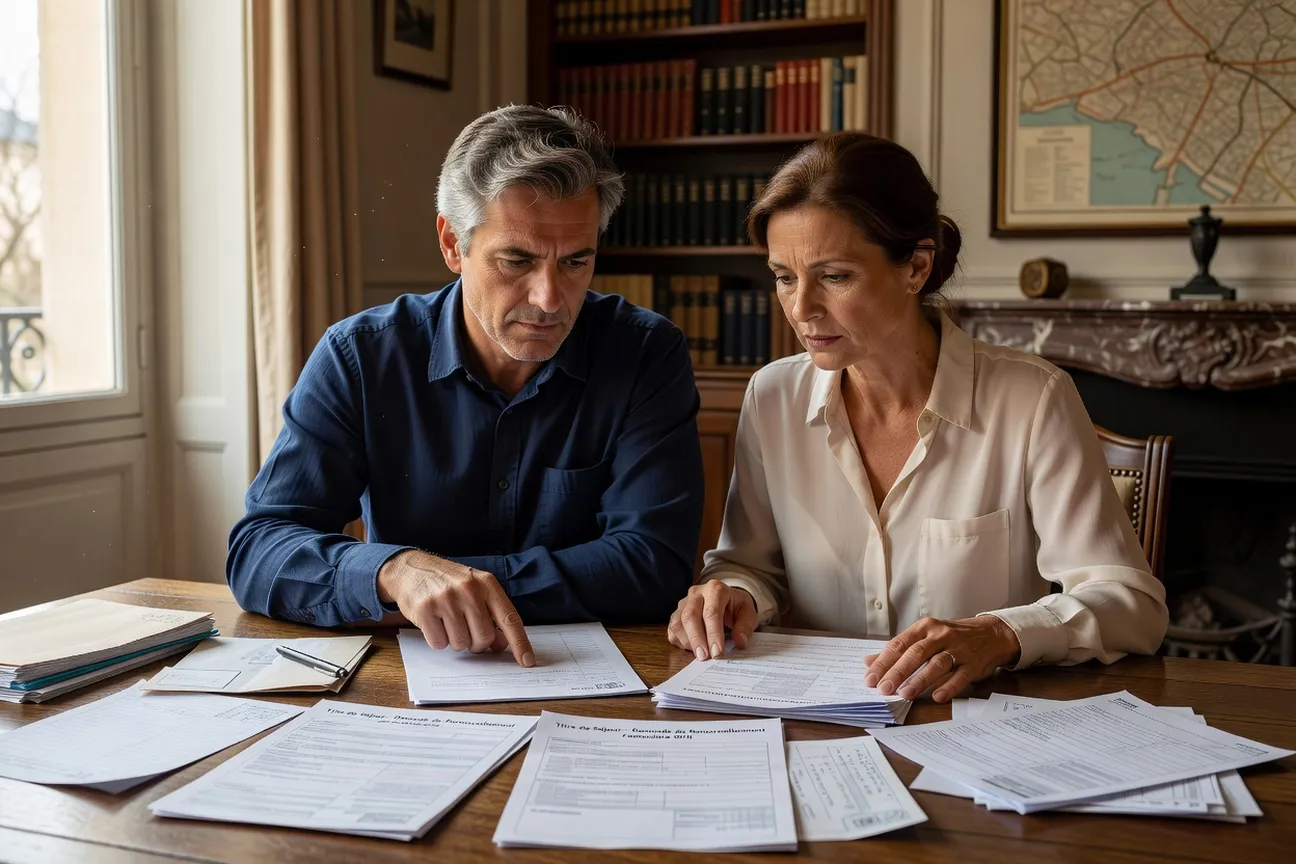 Couple franco-slave consultant des documents administratifs avec leur avocat dans un cabinet