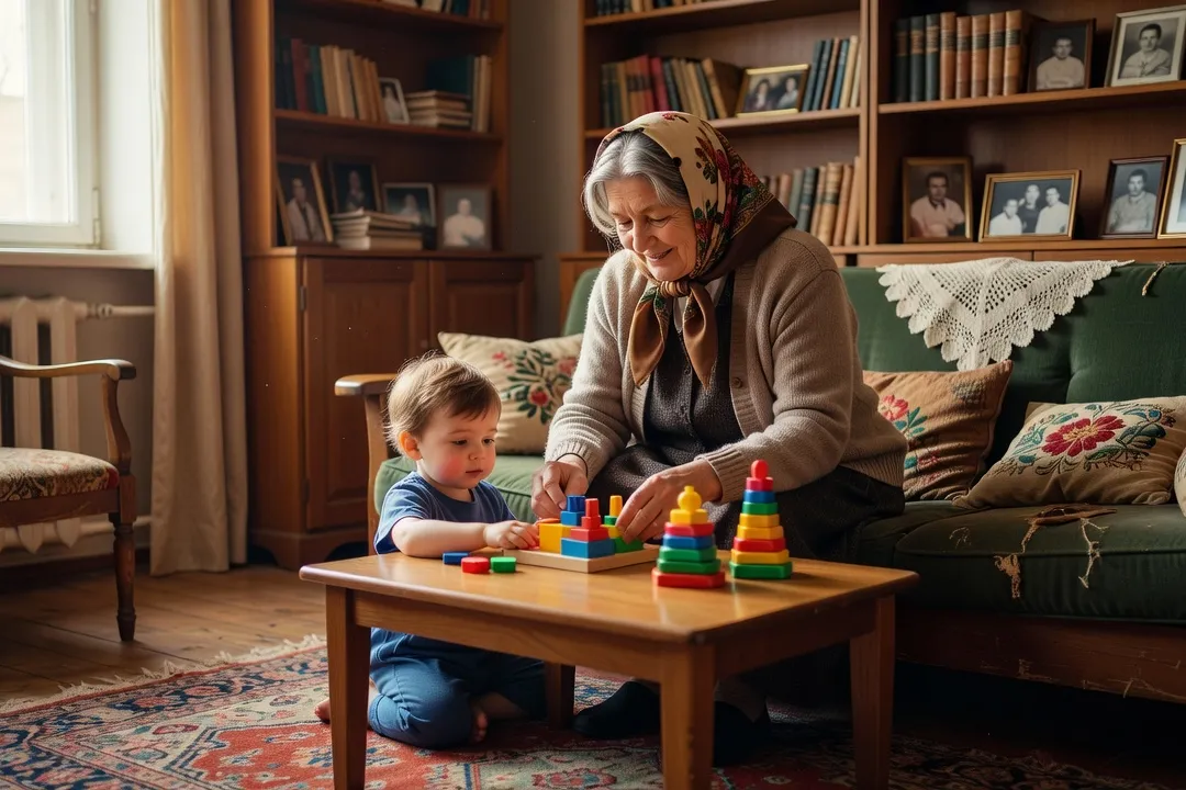 Grand-mère russe (babouchka) élégante partageant un moment avec son petit-enfant dans un salon chaleureux