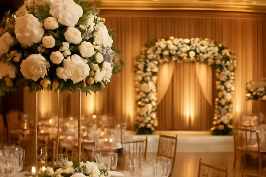 Décoration de mariage élégante avec compositions florales et vaisselle raffinée sur une table de banquet