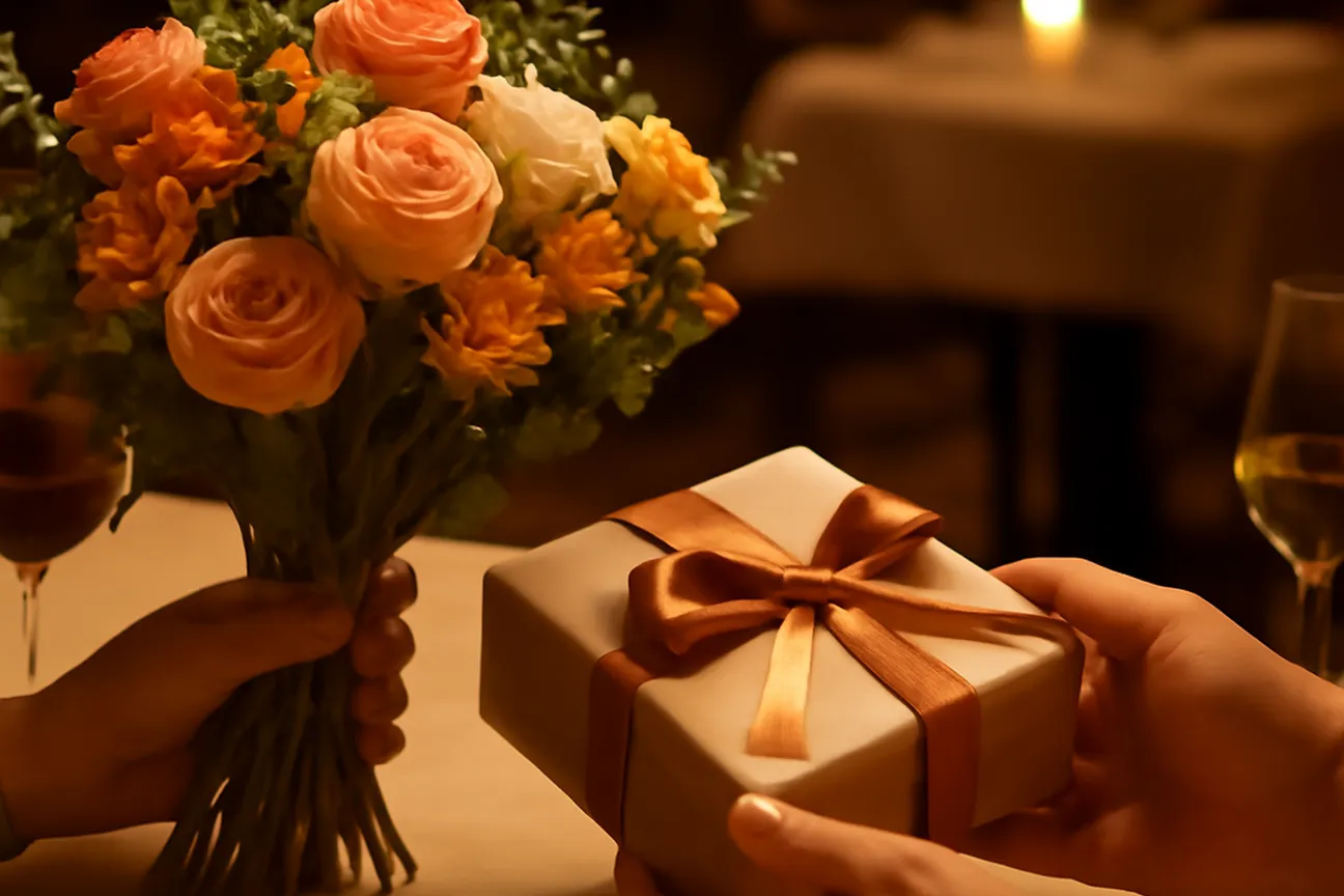 Bouquet de fleurs et cadeau offerts lors d'un premier rendez-vous sérieux