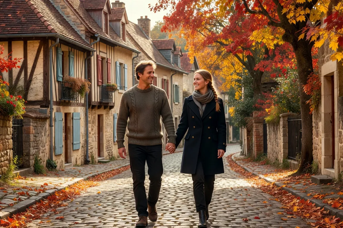 Couple franco-russe heureux marchant dans une ville française — relation réussie