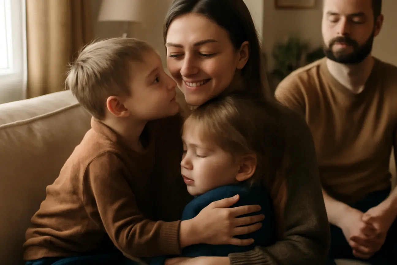Femme russe veuve partageant un moment complice avec ses enfants