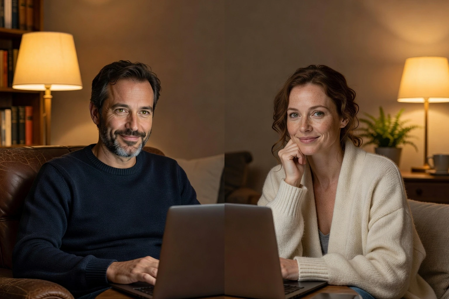 Homme français adulte et femme slave adulte échangeant en visioconférence depuis leurs salons respectifs, ordinateurs portables sur les genoux, ambiance chaleureuse