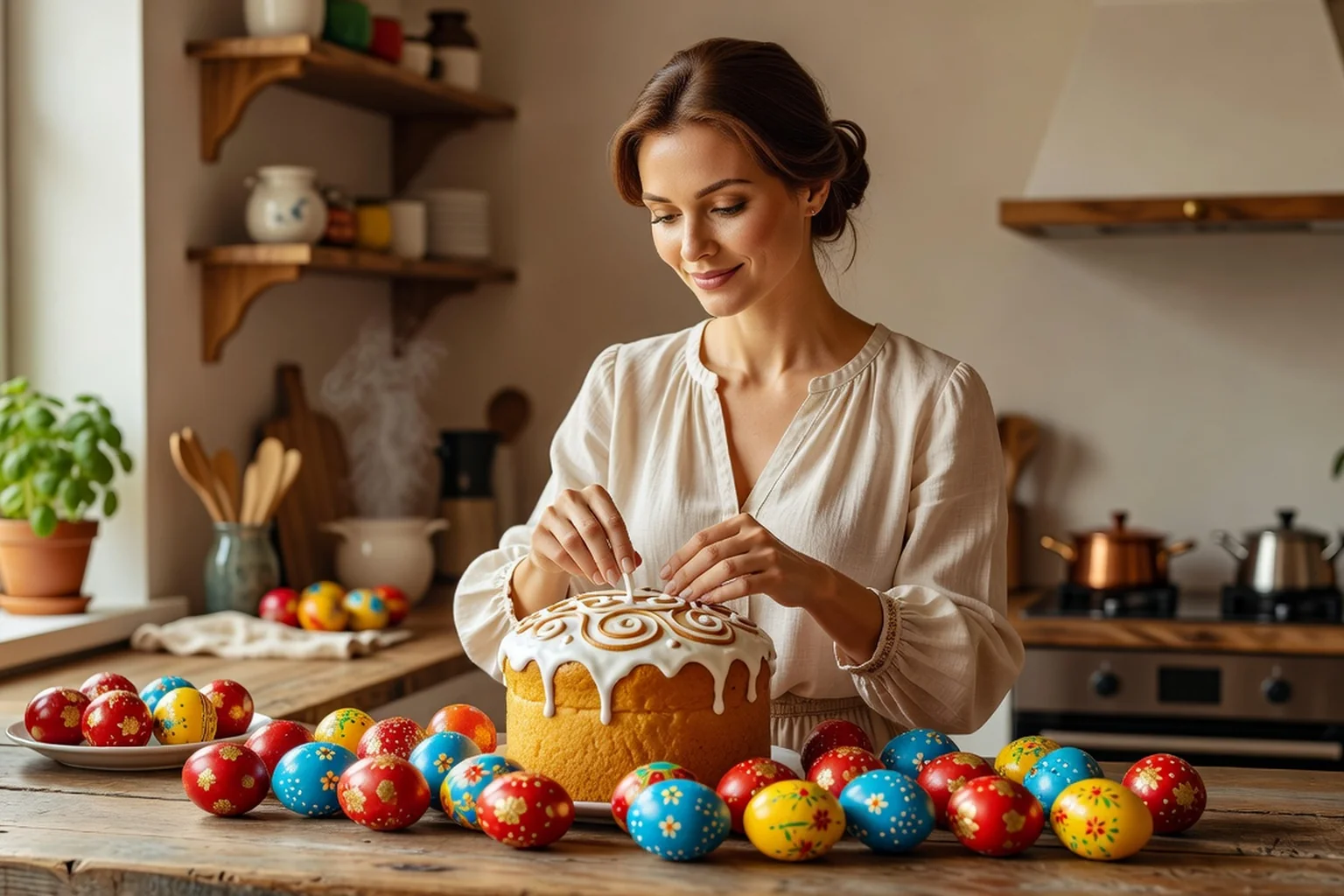 Femme adulte décorant à la cuisine un gâteau pascal kulitch doré entouré d'œufs de Pâques peints de couleurs vives