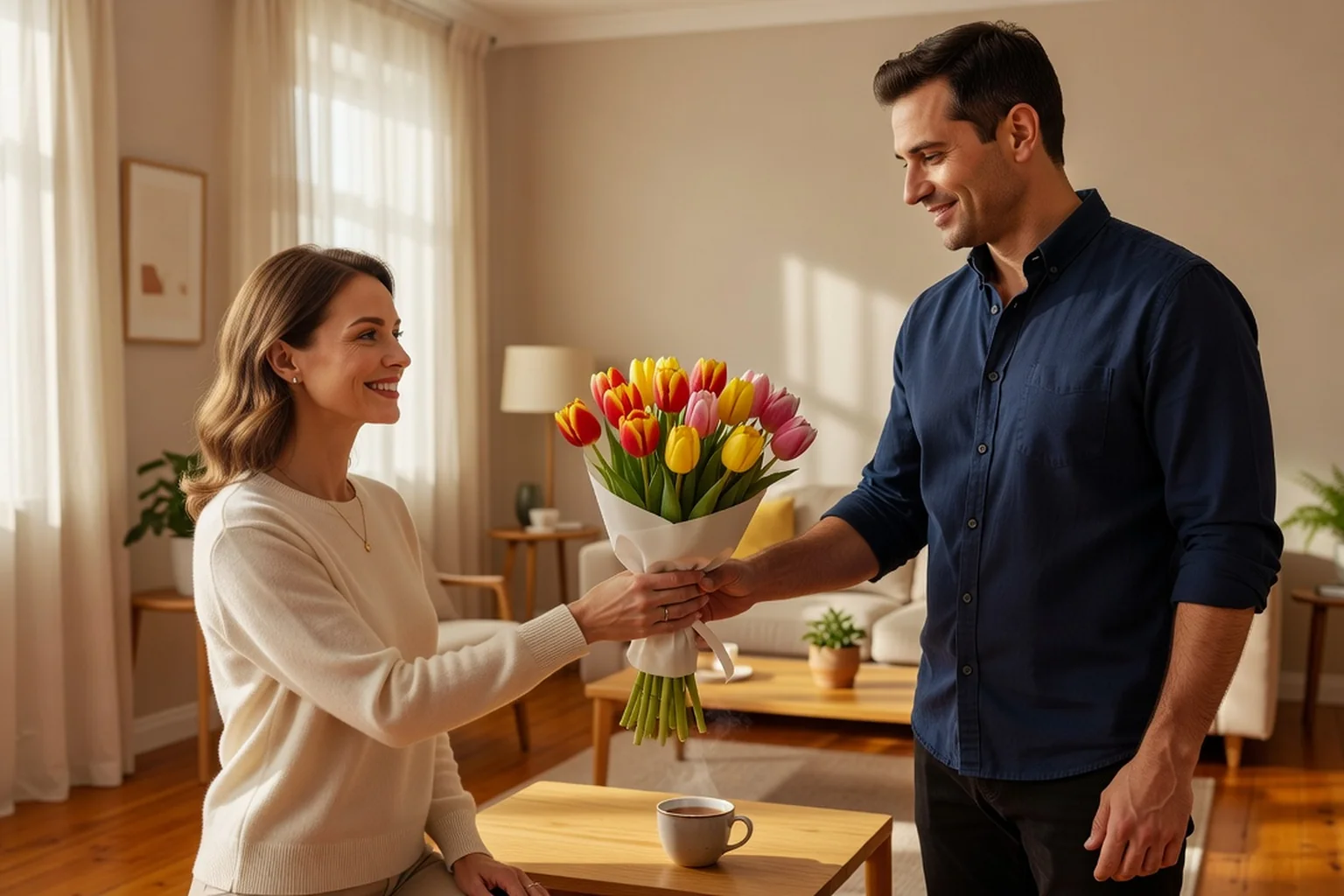 Homme adulte offrant un bouquet de tulipes colorées à une femme souriante dans un appartement lumineux, tasse de thé sur la table