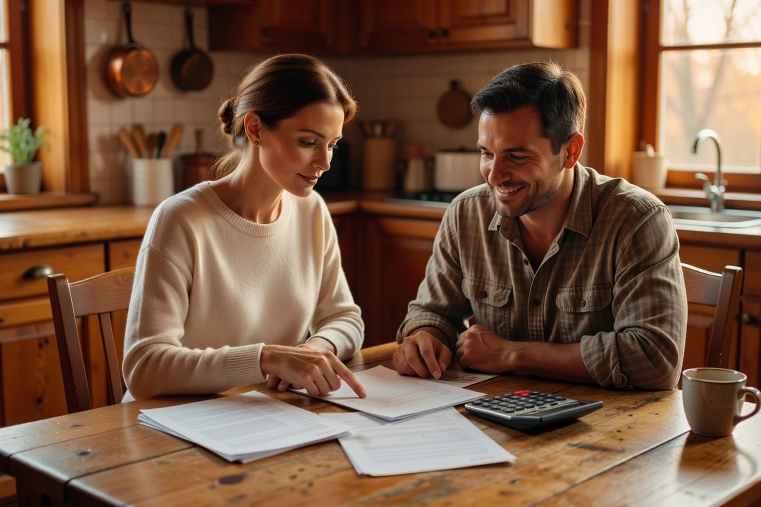 Couple mixte adulte consultant ensemble des documents financiers vierges et un ordinateur portable sur une table de cuisine lumineuse