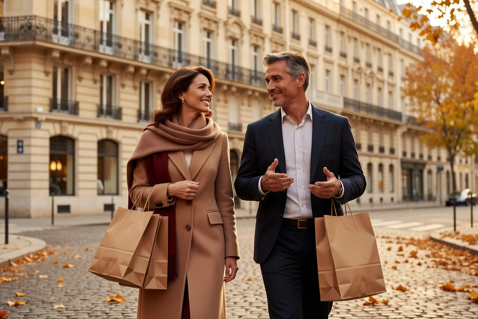 Couple adulte marchant côte à côte dans une rue parisienne ensoleillée avec des sacs de courses, conversation détendue