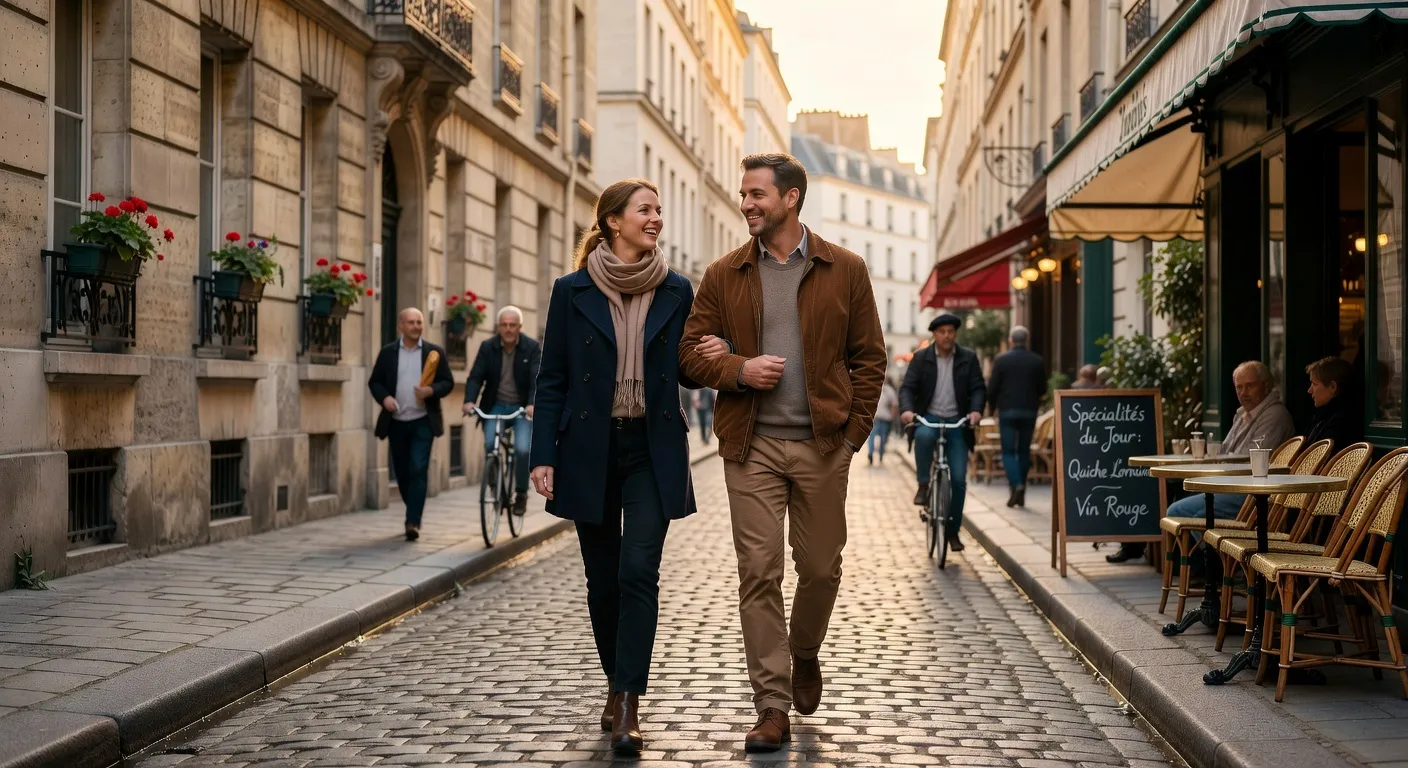 Couple franco-russe dans un quartier parisien apres installation en France