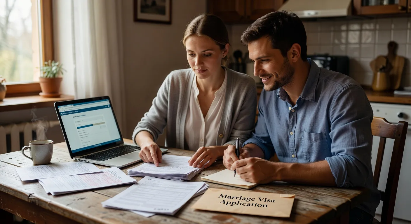 Couple franco-russe preparant les documents pour le visa et le mariage