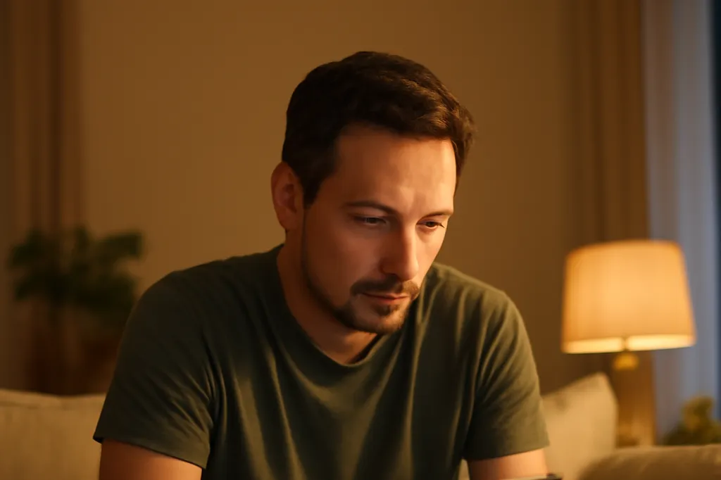 Homme concentré rédigeant un message thoughtful sur son smartphone chez lui en soirée