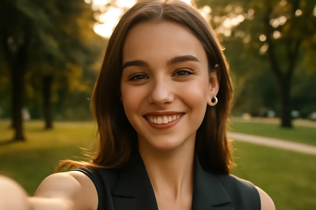 Jeune femme élégante prenant un selfie naturel en extérieur dans un parc à la lumière dorée