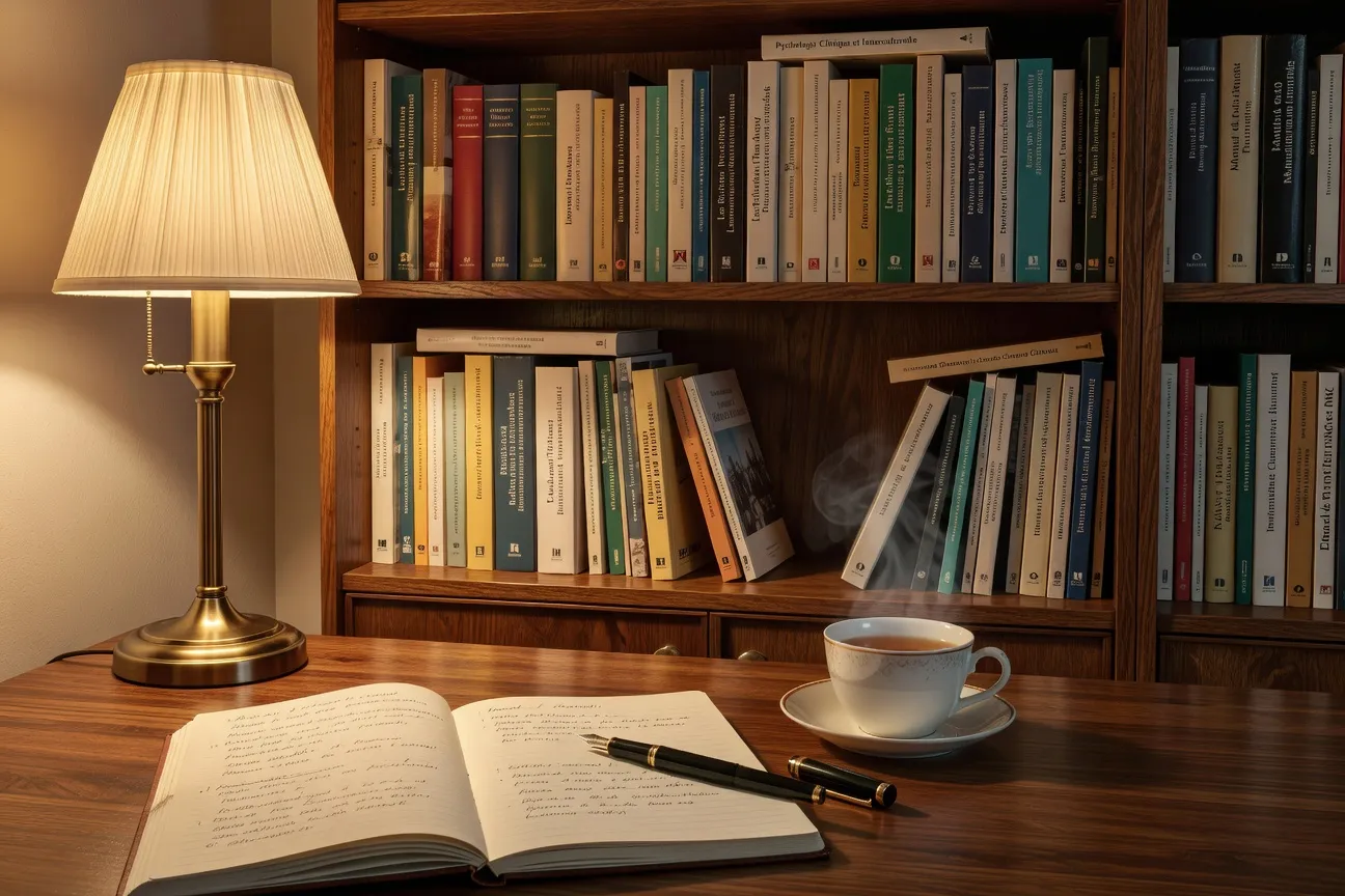 Bibliotheque dans le cabinet d'une psychologue avec livres de psychologie russes et français