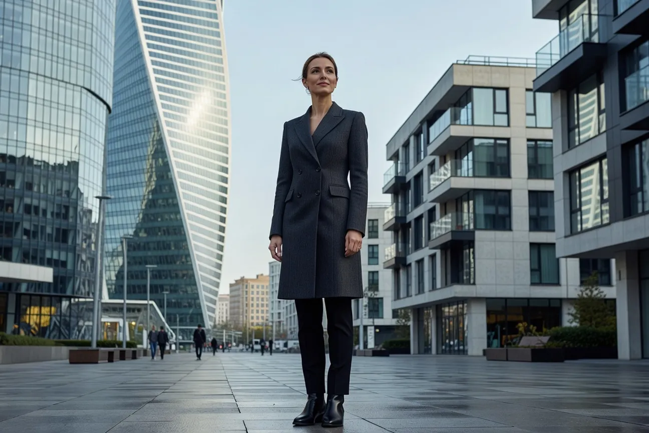 Femme russe dans un paysage urbain moderne évoquant une grande ville russe