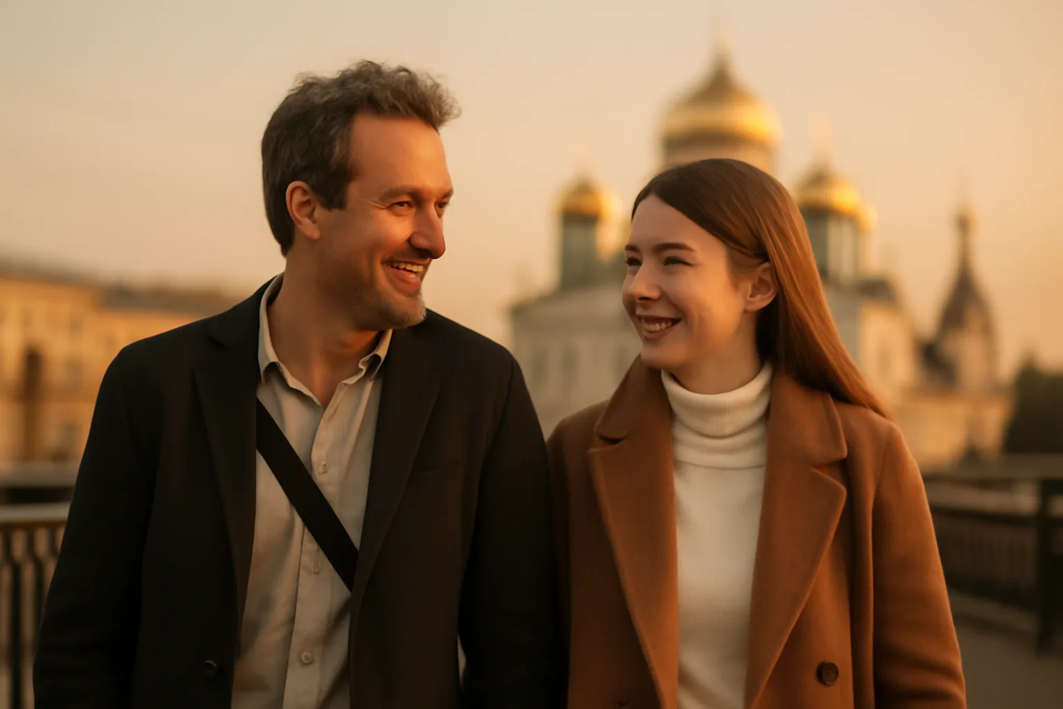 Couple franco-russe marchant sur un pont russe au coucher du soleil, dômes d'une cathédrale en arrière-plan