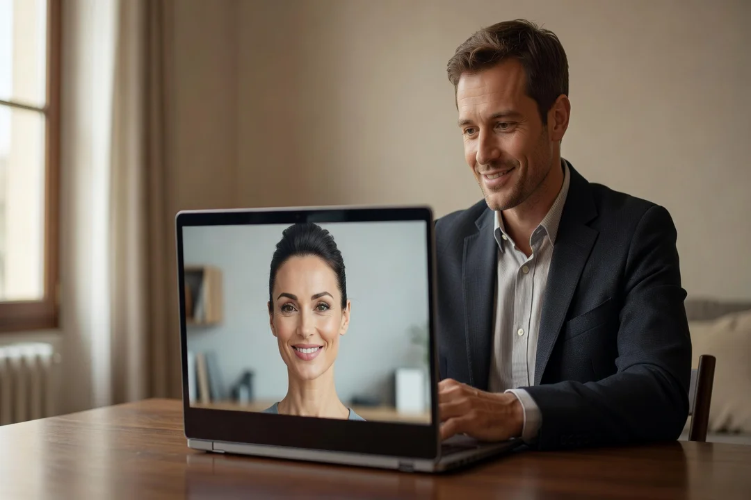 Femme russe adulte et homme français adulte en visioconférence sur un ordinateur portable posé sur une table, la femme visible à l'écran en train de sourire
