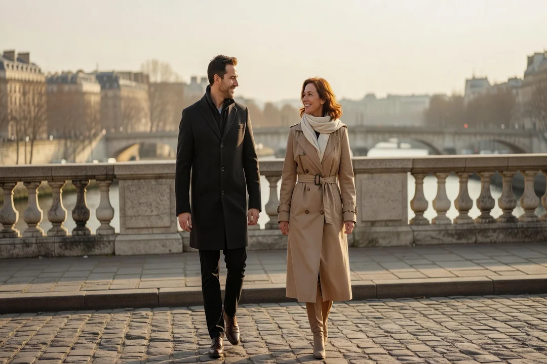 Homme français adulte et femme russe adulte marchant ensemble sur un pont parisien en fin d'après-midi, premier rendez-vous après des échanges en ligne vérifiés