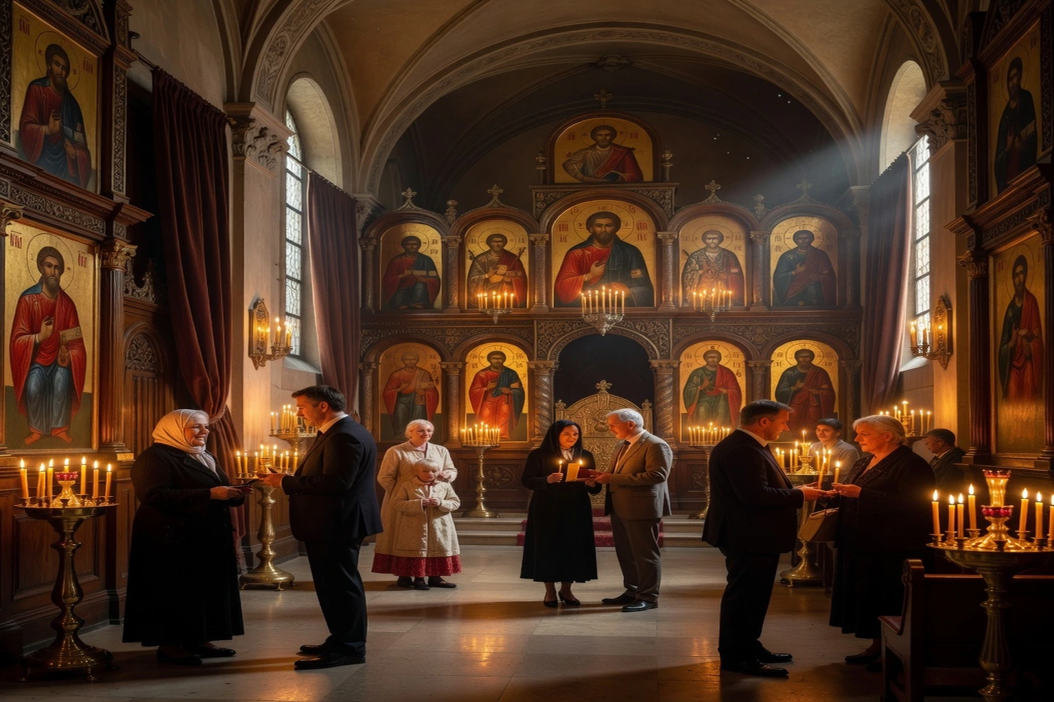 Intérieur d'une église orthodoxe russe à Paris avec fidèles après l'office dominical