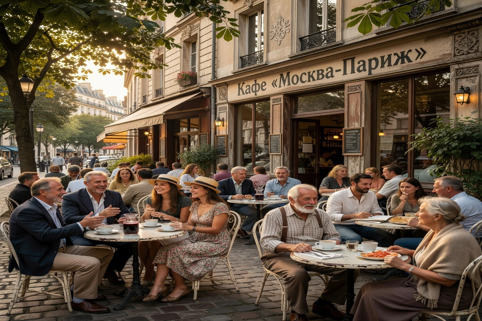 Terrasse d'un café russe à Paris avec clientèle russophone et drapeaux slaves