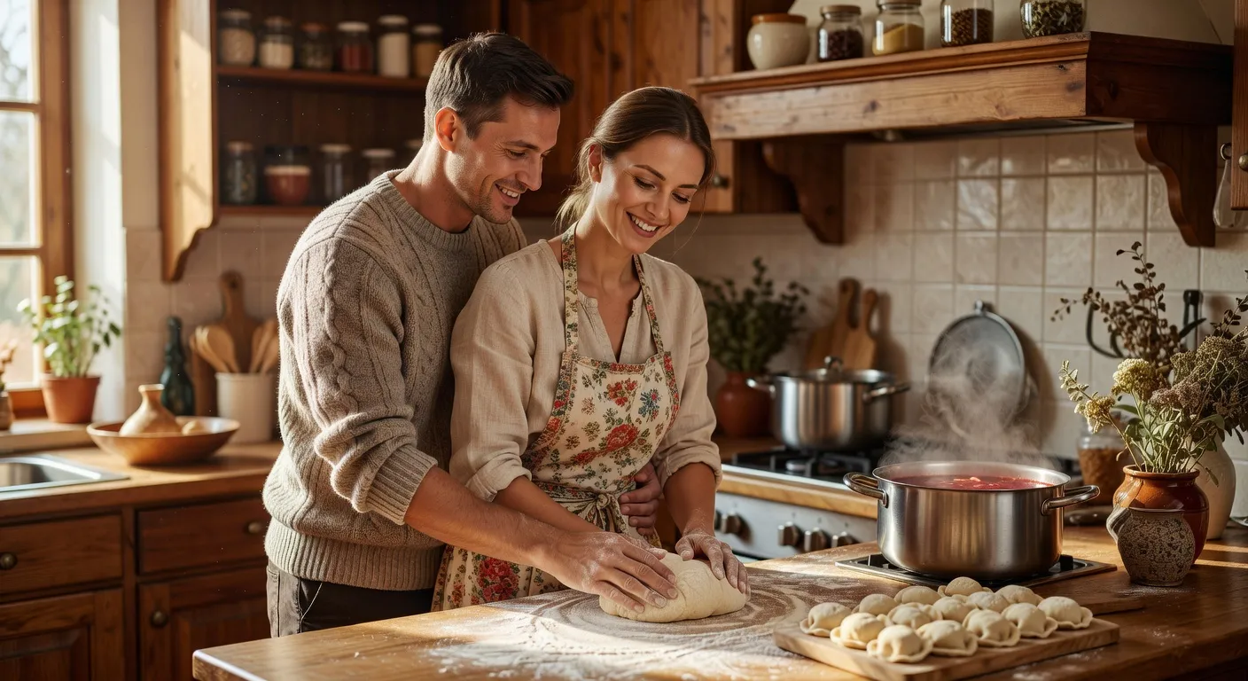 Cuisine traditionnelle russe partagee dans la complicite avec une femme slave