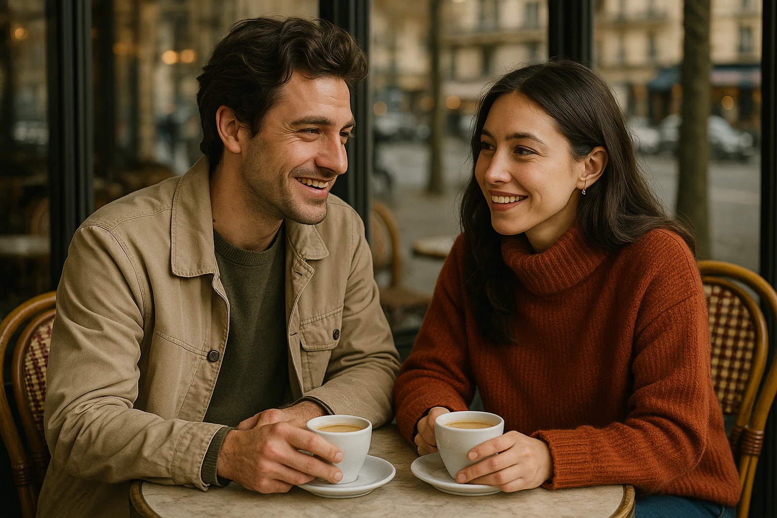 Couple franco-russe discutant en français et en russe autour d'un café