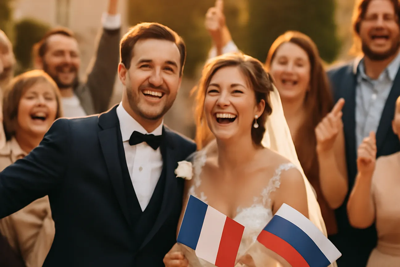 Photo souvenir stylisée d'un mariage franco-russe réussi