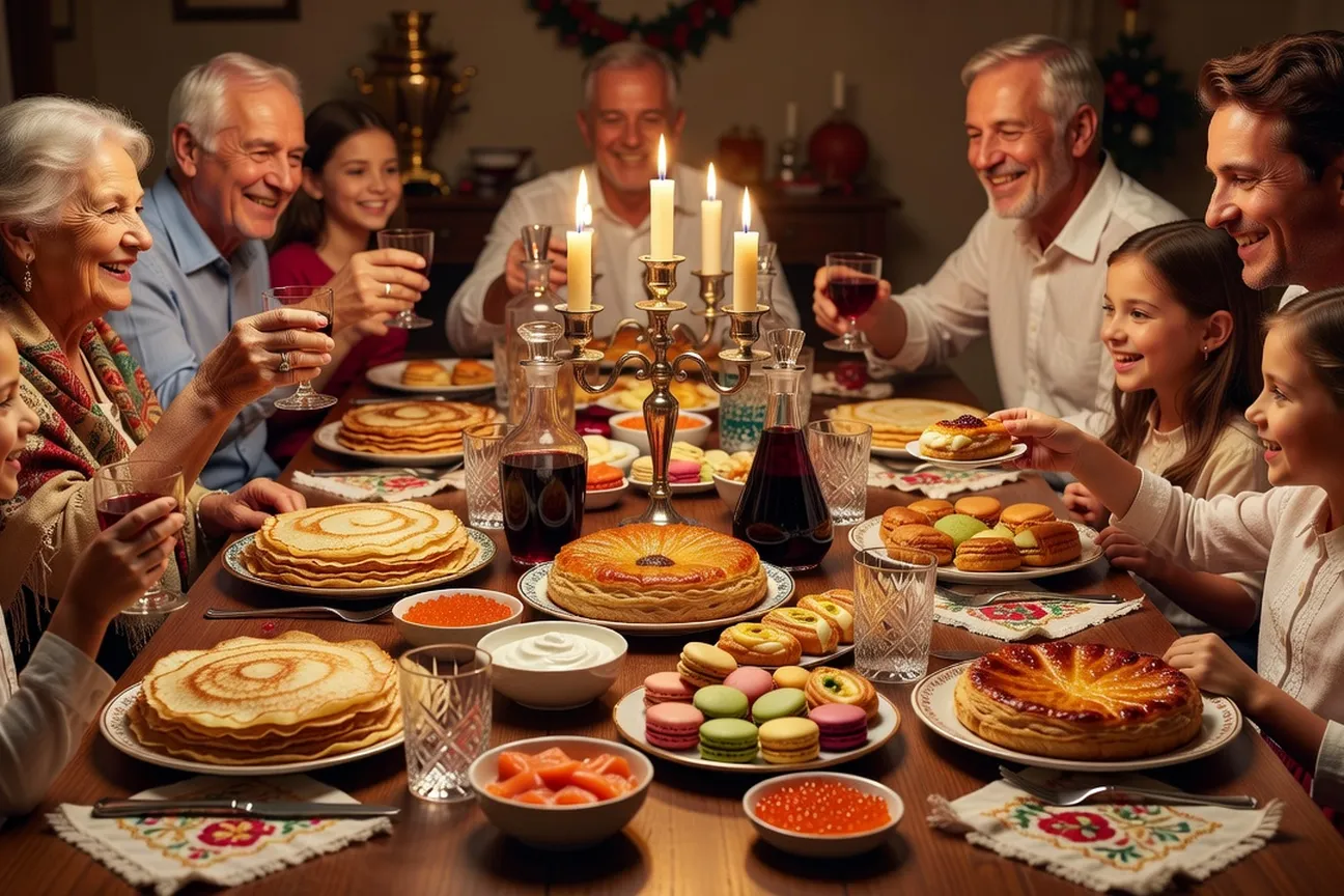 Table de fête réunissant plats français et plats russes traditionnels