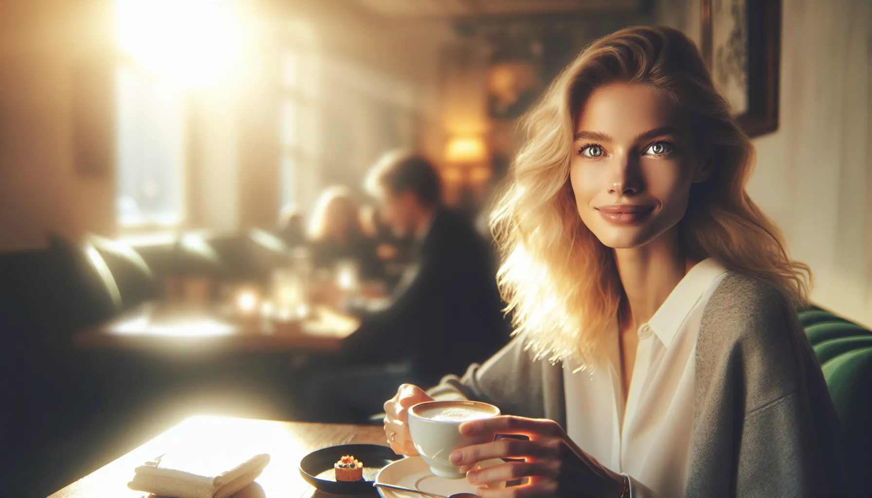 Rencontre femme russe - belle femme slave dans un cafe attendant un rendez-vous amoureux